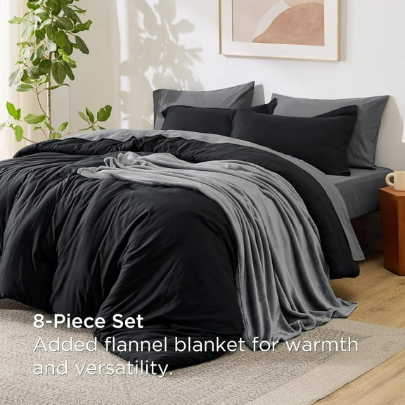 Queen Comforter Set Black, 8 Pieces Prewashed Queen Size Bed in a Bag with Soft Fleece Bed Blanket, Down Alternative Bedding Set for All Seasons, Sheets, Pillowcases & Shams