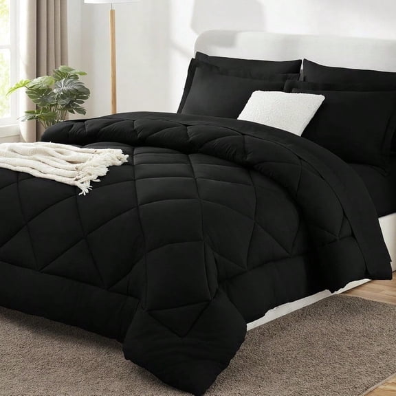 Queen Comforter Set Black - Bed in a Bag Queen Size 7 Pieces Luxury Soft Bed Set for All Seasons Bedding Set with Down Alternative Comforter Sheets Pillowcases Shams