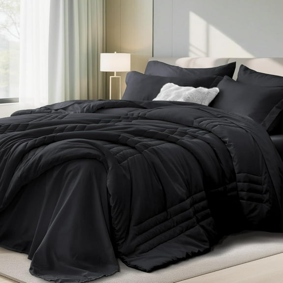 Queen Comforter Set Black - Bed in a Bag Queen Size 7 Pieces, Soft Bedding Set for All Seasons, Premium Queen Comforter Set with Comforter, Sheets, Pillowcases & Shams
