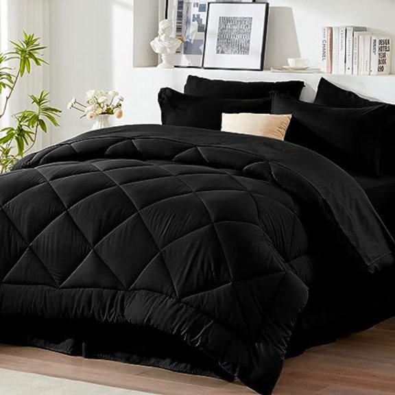Queen Comforter Set Black - Bed in a Bag Queen Size 8 Pieces All Season Bed Set Fluffy Comforter Set with Sheets Sheet Set Quilt Blanket Pillowcases Shams Bed Skirt