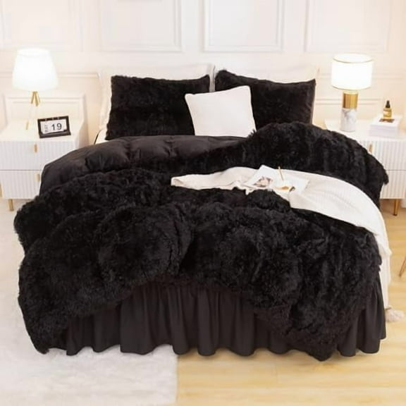 Queen Comforter Set Black, Fluffy Winter Faux Fur Warm Soft Plush Bedding Comforter Set (1 Velvet Comforter & 2 Pillowcases), Fuzzy Thick Heavy Puffy Comforters Bed Set