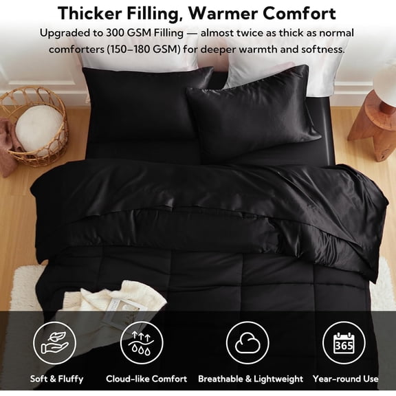 Queen Comforter Set Black, Reversible Satin Microfiber Comforter Set for All Seasons, 3 Pieces Non-Slip Silky Soft Bedding Sets with 1 Comforter (90"x90") and 2 Pillowcases (20"x26")