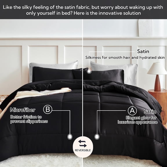 Queen Comforter Set Black, Reversible Satin Microfiber Comforter Set for All Seasons