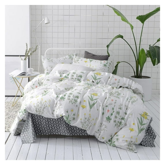 Queen Comforter Set Botanical Yellow Flowers Green Leaves on White Floral Comforter Sets Cute Botanical Patterns 3 Piece Soft Microfiber Bedding Set-Queen Size