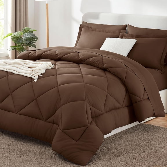 Queen Comforter Set Brown 7-Piece with Down Alternative Comforter Sheets Pillowcases and Shams