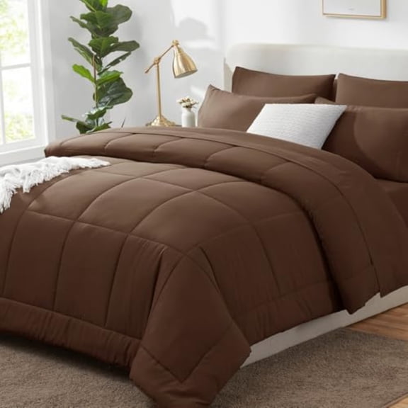 Queen Comforter Set Brown 7 Pieces Bed in a Bag Brown Comforter Queen Size All Season Bedding Sets with Stitch Quilted Comforter Flat Sheet Fitted Sheet Pillowcases