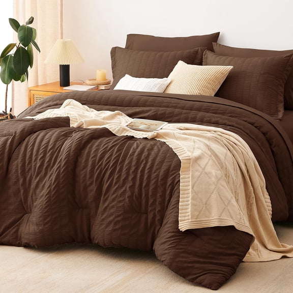 Queen Comforter Set Brown 7 Pieces Seersucker Textured All Seasons Soft Bedding with Down Alternative Comforter Sheets Pillowcases and Shams