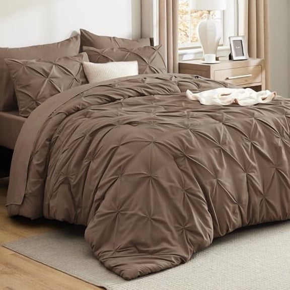 Queen Comforter Set Brown - Bed in a Bag Queen Size Bedding 7 Pieces, GentleSoft™ Pintuck Bed Set Gift for Family, Pinch Pleat All Season Comforter with Sheets, Pillowcases & Shams