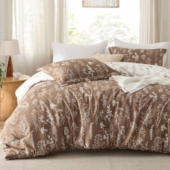 Queen Comforter Set - Brown Bed Set, 3 Pieces Cute Floral Bedding, 1 Soft Reversible Botanical Flowers Comforter and 2 Pillow Shams