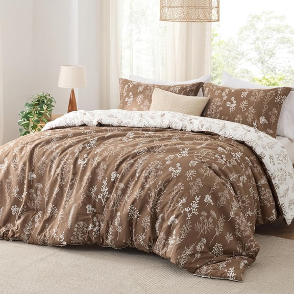 Queen Comforter Set - Brown Bed Set, 3 Pieces Cute Floral Bedding