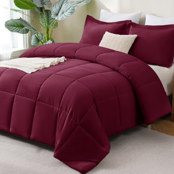 Queen Comforter Set - Burgundy Comforters Queen Size 3 Pieces Box Stitched Bed Set for All Seasons Soft Lightweight Bedding Sets with 1 Down Alternative Comforter and 2 Pillow Shams