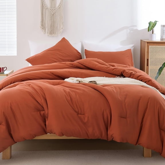 Queen Comforter Set Burnt Orange, 3pcs (1 Boho Terracotta Comforter & 2 Pillowcases), Lightweight Fall Bedding Rust Blanket All Season Quilt