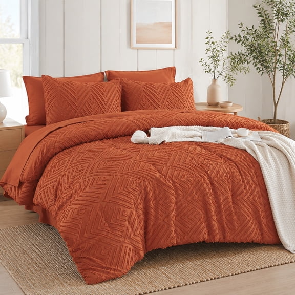 Queen Comforter Set Burnt Orange - 7 Piece Boho Terracotta Bedding Bed in a Bag with Comforter, Sheets, Pillowcases & Shams, Rust Tufted Design