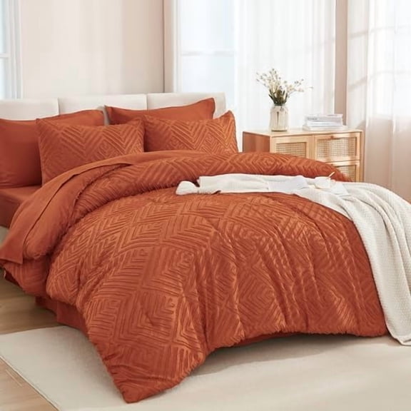 Queen Comforter Set Burnt Orange - 7 Pieces Bed in a Bag Queen Boho Terracotta Bedding Comforter Sets, Rust Tufted Bed Set with Comforter, Sheets, Pillowcases & Shams