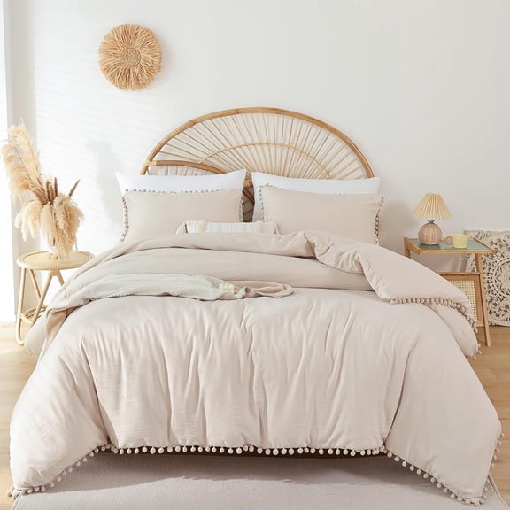 Queen Comforter Set - Comforter Queen Size Sets with Ball Pom Fringe, Soft Bedding Set for All Seasons - 3 Pieces, 1 Comforter (90"x90") & 2 Pillow Shams (20"x26"), Beige