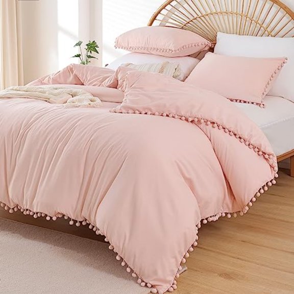 Queen Comforter Set - Comforter Queen Size Sets with Ball Pom Fringe Soft Bedding Set for All Seasons - 3 Pieces 1 Comforter 90"x90" and 2 Pillow Shams (20"x26") Blush
