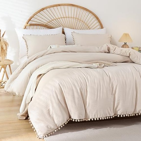 Queen Comforter Set - Comforter Queen Size Sets with Ball Pom Fringe Soft Bedding Set for All Seasons - 3 Pieces 1 Comforter 90x90 2 Pillow Shams (20x26) Beige
