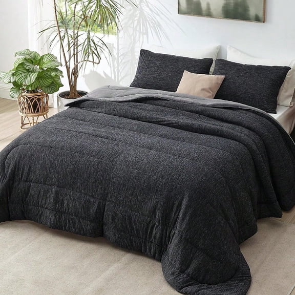 Queen Comforter Set - Cooling and Warm Bed Set Charcoal Black Reversible Bedding for All Season 3 Pieces 1 Queen Size Comforter 88x88 and 2 Pillow Cases(20x26)