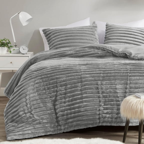 Queen Comforter Set, Cozy Plush Bedding, Microfiber Reverse, 3 Piece, Lightweight, Super Soft Ribbed Velvet Comforter 2 Shams, All Season Fluffy Bed Set, Avril, Full/Queen Grey