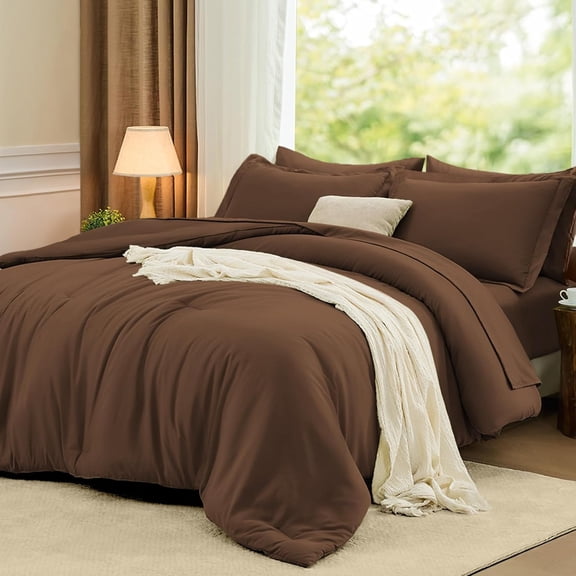 Queen Comforter Set Dark Brown, 7 Pieces Soft Bedding Sets Queen Size, All Season Lightweight Bed in a Bag with Comforter, Flat Sheet, Fitted Sheet, Pillowcases & Shams