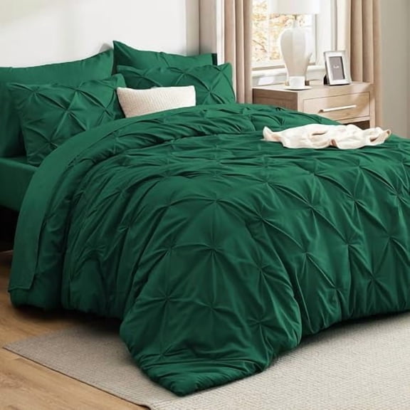 Queen Comforter Set Dark Green - Bed in a Bag Queen Size Bedding 7 Pieces, GentleSoft™ Pintuck Bed Set Gift for Family, Pinch Pleat All Season Comforter with Sheets, Pillowcases & Shams