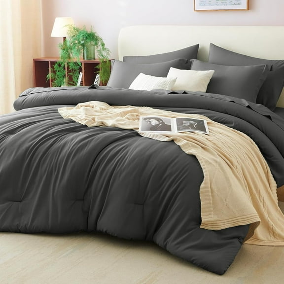 Queen Comforter Set Dark Grey, 7 Pieces Bed in a Bag Queen Comforter Set with Sheets, Bedding Sets with Down Alternative Comforter, Fitted Sheets, Flat Sheets, Pillow Shams and Pillowcases