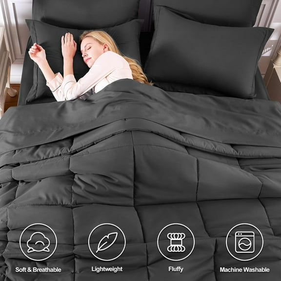Queen Comforter Set Dark Grey - 7 Pieces Bed in a Bag Queen, All Season Breathable Bedding Sets, Oeko-Tex Certified Bed Set with Down Alternative Comforter, Sheets, Pillowcases & Pillow Shams