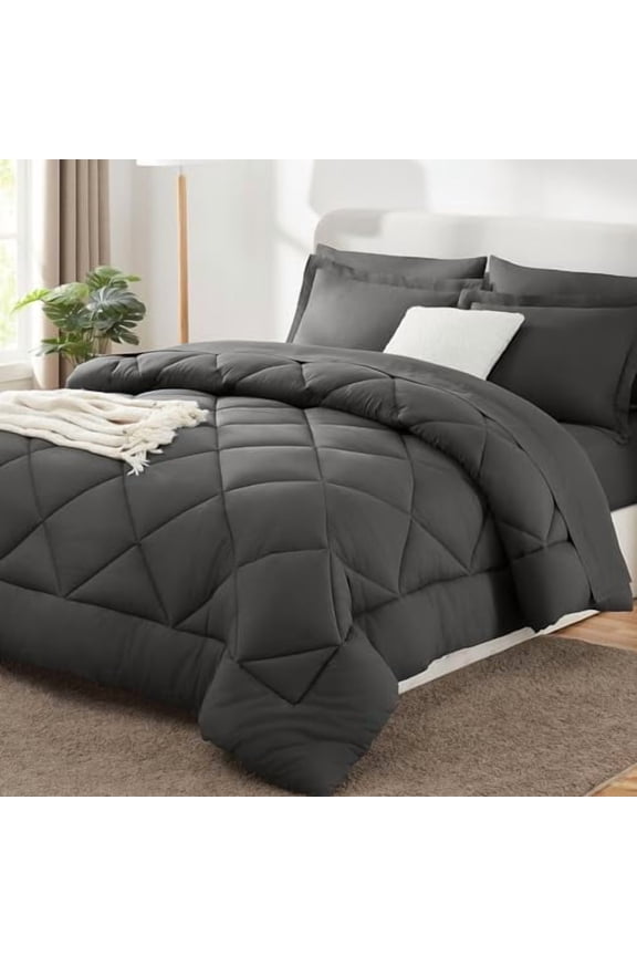 Queen Comforter Set Dark Grey - Bed in a Bag Queen Size 7 Pieces, Luxury Soft Bed Set for All Seasons, Bedding Set with Comforter, Sheets, Pillowcases & Shams, Dark Gray, Queen