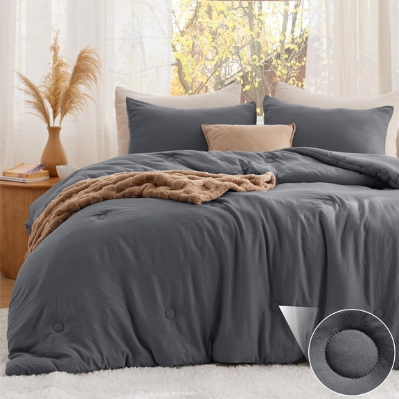 Queen Comforter Set Dark Grey, Soft Prewashed Queen Size Bedding, Quilted Comforter with Circle Design, Down Alternative Comforter for All Seasons, 3 Pieces Bed Set with 2 Pillow Shams