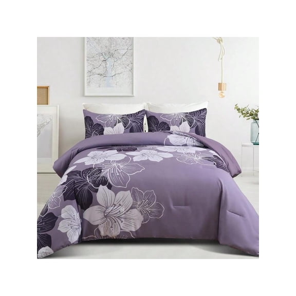 Queen Comforter Set Dark Purple Floral Bedding Comforter Sets Soft Microfiber Bed Comforter Set For All Season 3 Piece Botanical Flowers Comforter Pillowcases