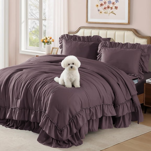 Queen Comforter Set Dark Purple, Ruffle Shabby Chic Bedding Set Farmhouse 7 Pieces, All Season Fluffy Bed in a Bag with Sheets, Pillowcases & Shams