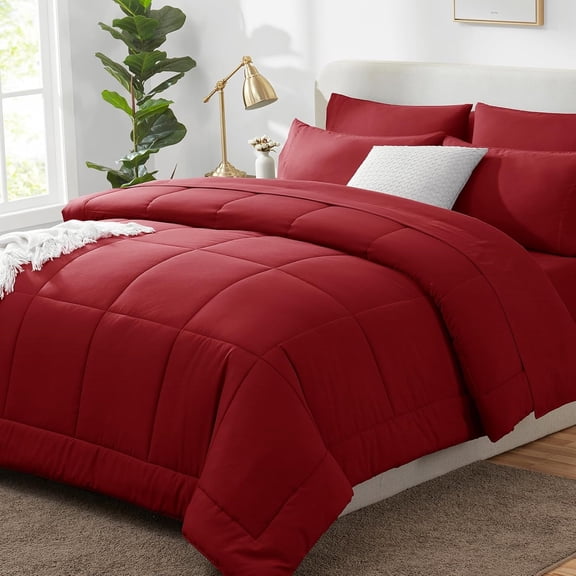 Queen Comforter Set Dark Red, 7 Pieces Bed in a Bag, Red Comforter Queen Size, All Season Bedding Sets with Stitch Quilted Comforter, Flat Sheet, Fitted Sheet, Pillowcases