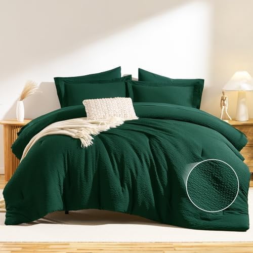 Queen Comforter Set Emerald Green - 7 Pieces Striped Seersucker Bed in a Bag, Soft Lightweight Boho Bedding Set with All Season Comforters Queen Size, Sheets, Pillowcases & Shams
