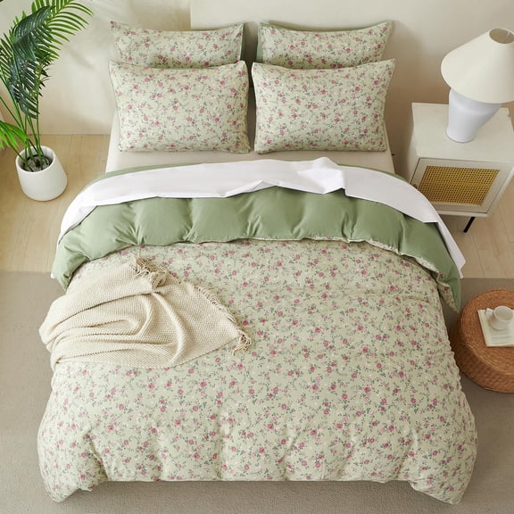 Queen Comforter Set Floral Soft 3 Pieces Chic Crinkle Gauze Fabric Garden Style Floral Print Botanical Comforter for All Seasons Luxury Warmth Comfy Breathable with 2 Pillowcases