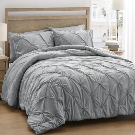 Queen Comforter Set Gray/Light Gray - Ultra Soft Boho Pintuck Down Alternative Bedding Set for All Seasons 3 Pieces Lightweight Warm Pinch Pleat Bed Set with Comforter 2 Pillowcases