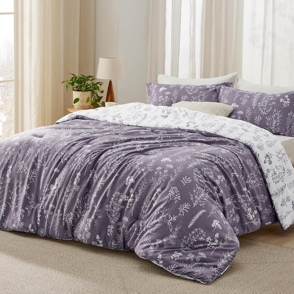 Queen Comforter Set - Grayish  Bed Set, 3 Pieces Cute Floral Bedding, 1 Soft Reversible Botanical Flowers Comforter and 2 Pillow Shams