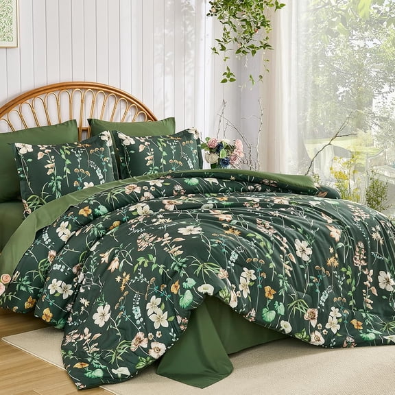 Queen Comforter Set Green Botanical Floral Bedding 7 Pieces Lightweight Microfiber All Seasons