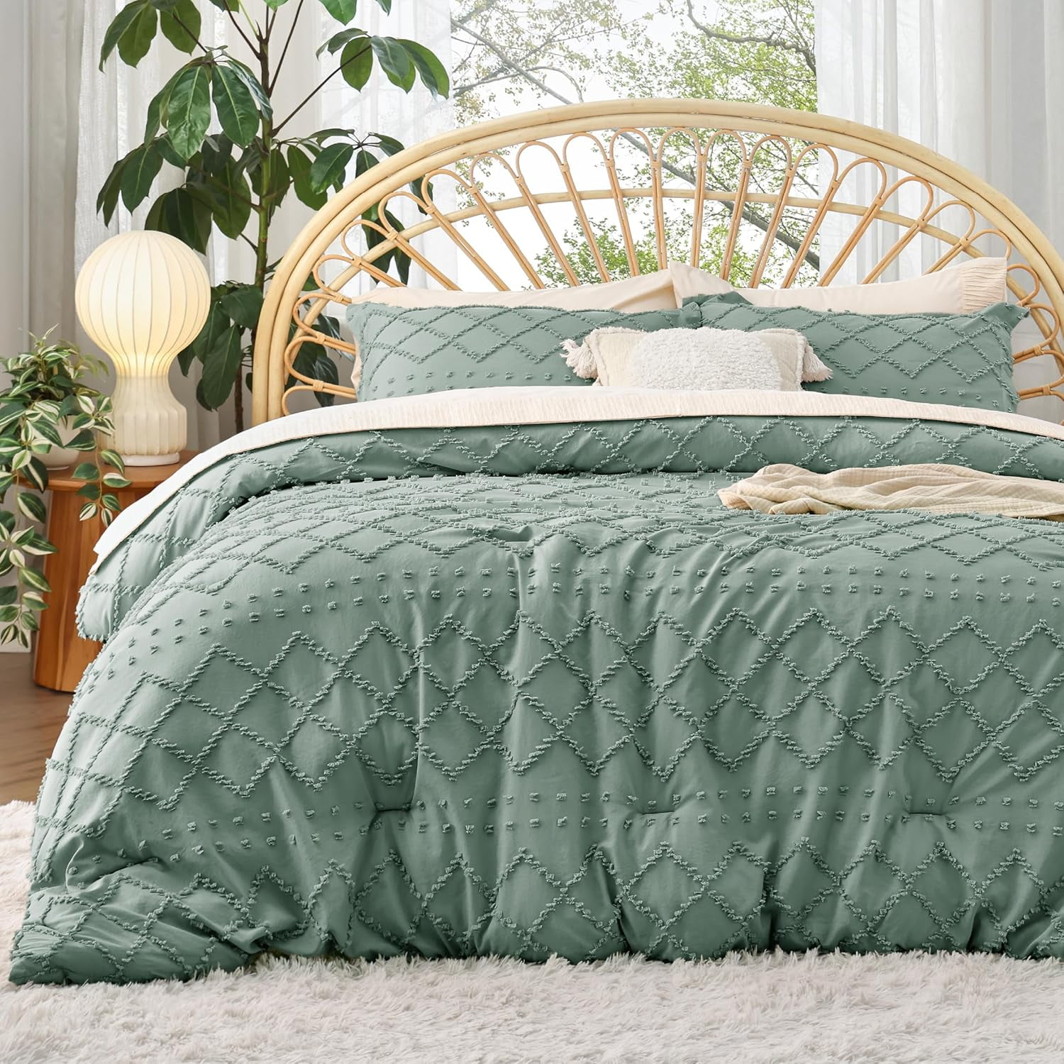 Sage Green Queen Microfiber Boho Comforter Set with Pillow Shams