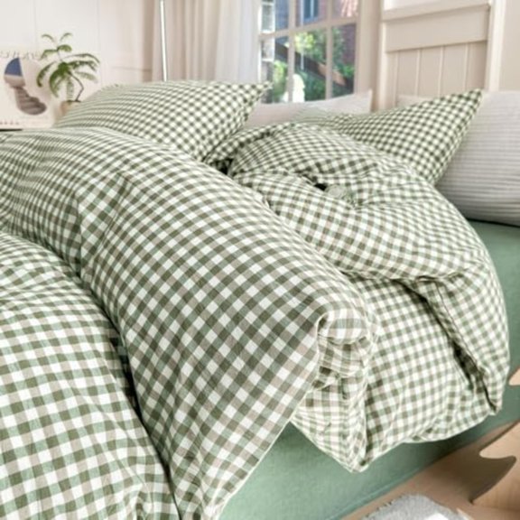 Queen Comforter Set Green Gingham Comforter Modern Style Checkered Pattern Comforter Set Boho Grid Plaid Bedding Comforter Lightweight Fluffy Soft Grid Bedding Set Queen Size Breathable