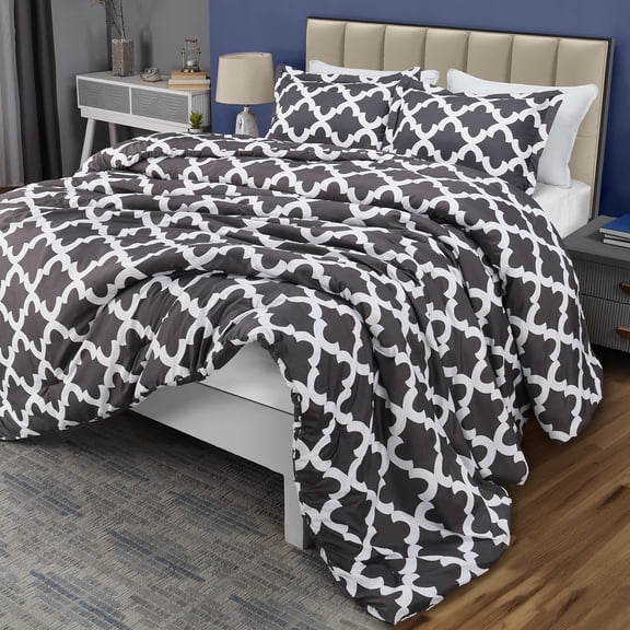 Queen Comforter Set Grey, Printed Comforters Queen Size, 3 Piece Lightweight All Season Down Alternative Bedding Set with 1 Comforter (88 x 88 in) and 2 Pillow Shams (20 x 26 in)