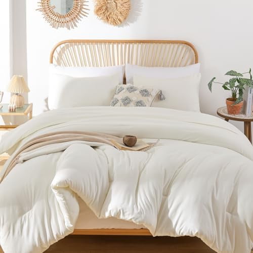 Queen Comforter Set Ivory, 3pcs(1 Boho Ivory Comforter & 2 Pillowcases) All Season Soft Bedding Lightweight Bedspread Blanket Quilt Bed