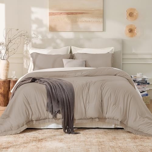 Queen Comforter Set Khaki, 3 Pieces Boho Fall Tassel Lightweight Bedding Comforter Sets, All Season Soft Bed Set (90x90In Comforter & 2 Pillowcases)
