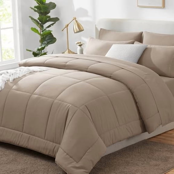Queen Comforter Set Khaki, 7 Pieces Bed in a Bag, Khaki Comforter Queen Size, All Season Bedding Sets with Stitch Quilted Comforter, Flat Sheet, Fitted Sheet, Pillowcases