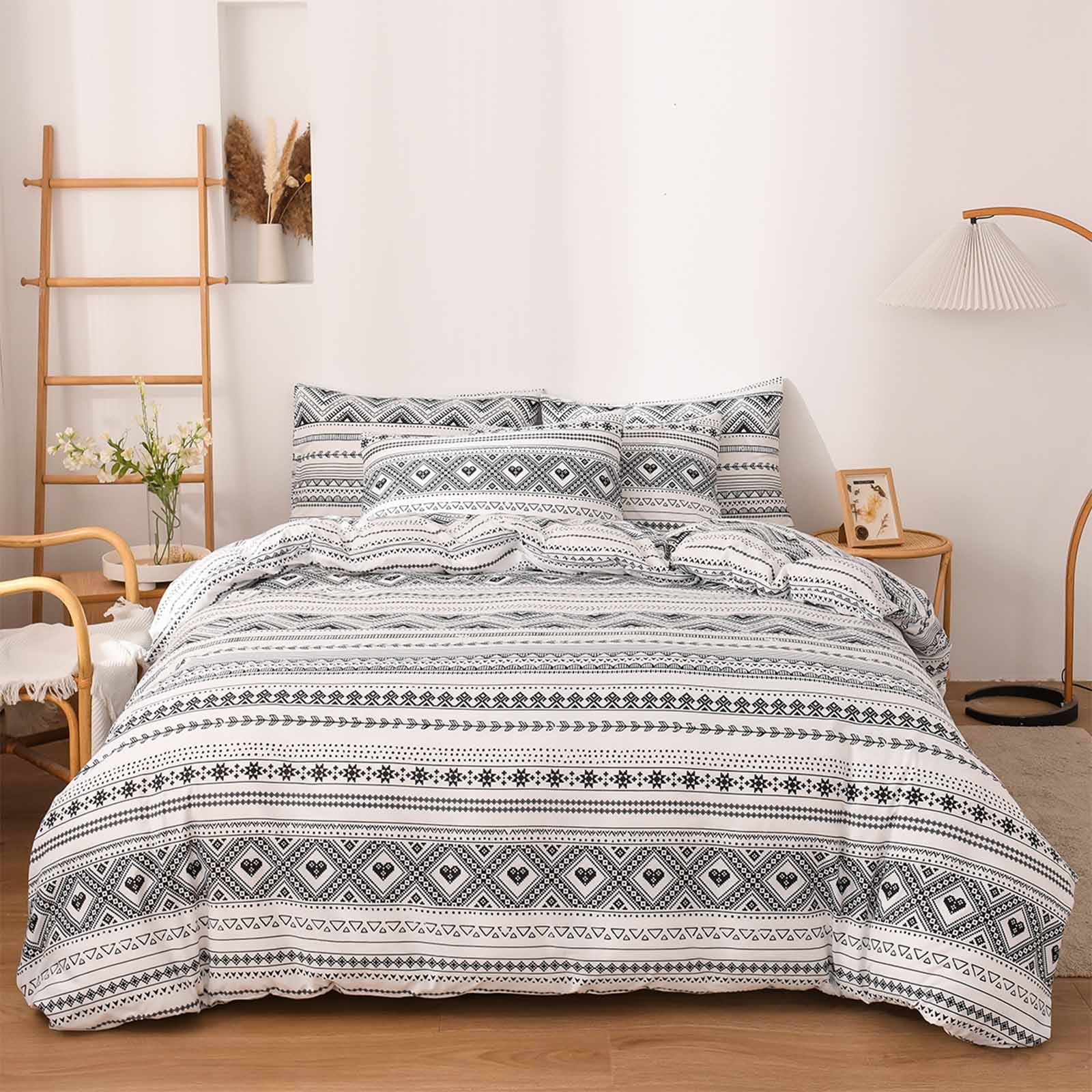 Queen Comforter Set 7-Piece Bed In A Bag – Blue Vertical Striped Boho Farmhouse Bedding, Microfiber
