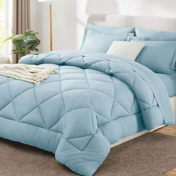 Queen Comforter Set Light Blue - Bed in a Bag Queen Size 7 Pieces, Luxury Soft Bed Set for All Seasons, Bedding Set with Down Alternative Comforter, Sheets, Pillowcases & Shams
