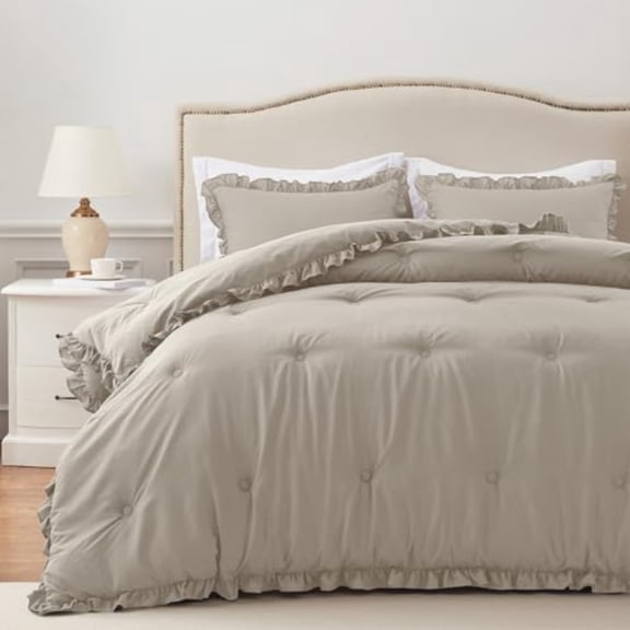 Queen Comforter Set Linen - Ruffle Comforter for Queen Size Bed Fluffy Queen Size Comforter Set for All Seasons 3 Pieces 1 Comforter 2 Pillow Shams