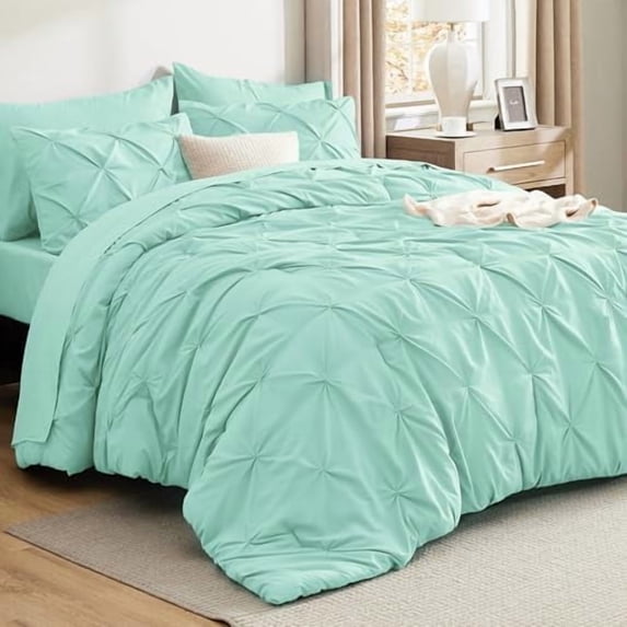 Queen Comforter Set Mint Green - Bed in a Bag Queen Size Bedding 7 Pieces, GentleSoft™ Pintuck Bed Set Gift for Family, Pinch Pleat All Season Comforter with Sheets, Pillowcases & Shams