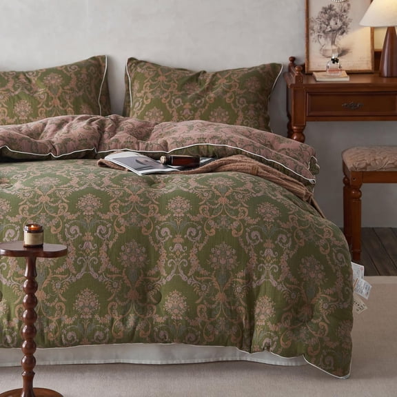 Queen Comforter Set Muslin Cotton Bedding Set Paisley Floral Print Comforter Luxury Breathable Boho Comforter Sets Green,1 Lightweight Comforter (90"x90") and 2 Pillowcases (20"x26")