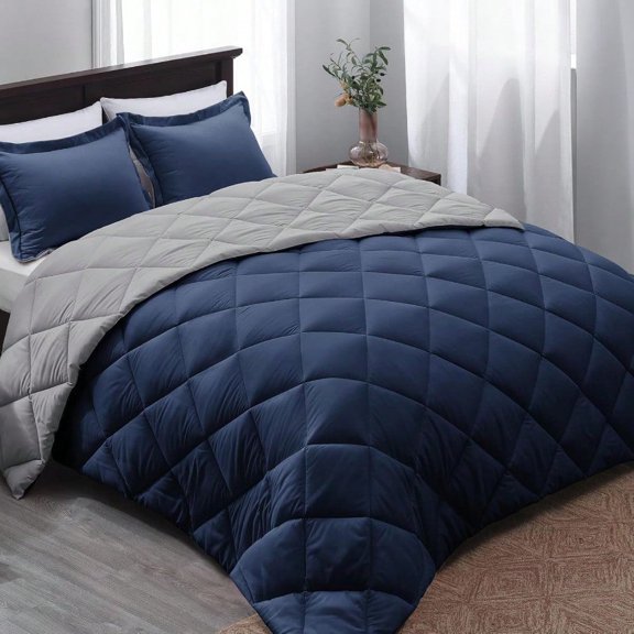 Queen Navy Grey Reversible Comforter Set with 2 Pillow Shams