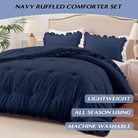 Queen Comforter Set Navy Ruffle Bedding 3 Piece Fluffy Microfiber All Season Shabby Chic